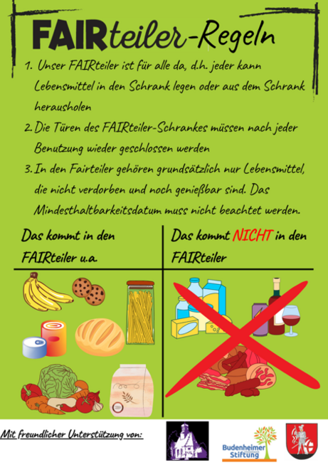 Flyer mit FAIRteiler-Regeln erklärt, welche Lebensmittel in den FAIRteiler gelegt werden dürfen, z.B. Obst, Brot, Nudeln, und welche nicht, z.B. Alkohol, rohes Fleisch